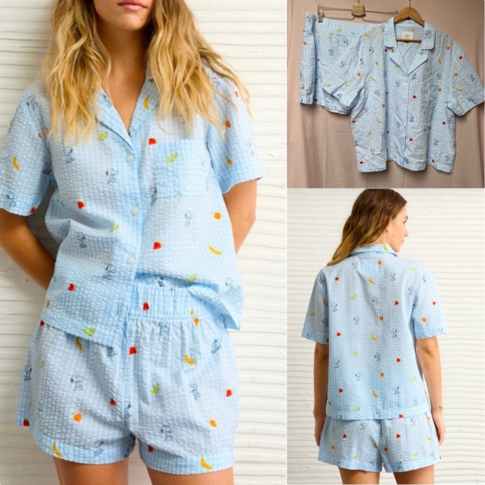 Peanuts x AE Snoopy Fruit Seersucker PJ Set XXL Blue Gingham Short Sleeve/Shorts